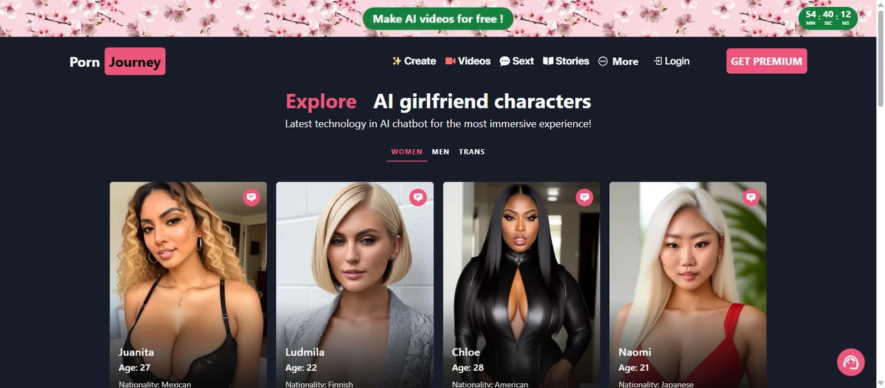 Character selection page showing AI girlfriends